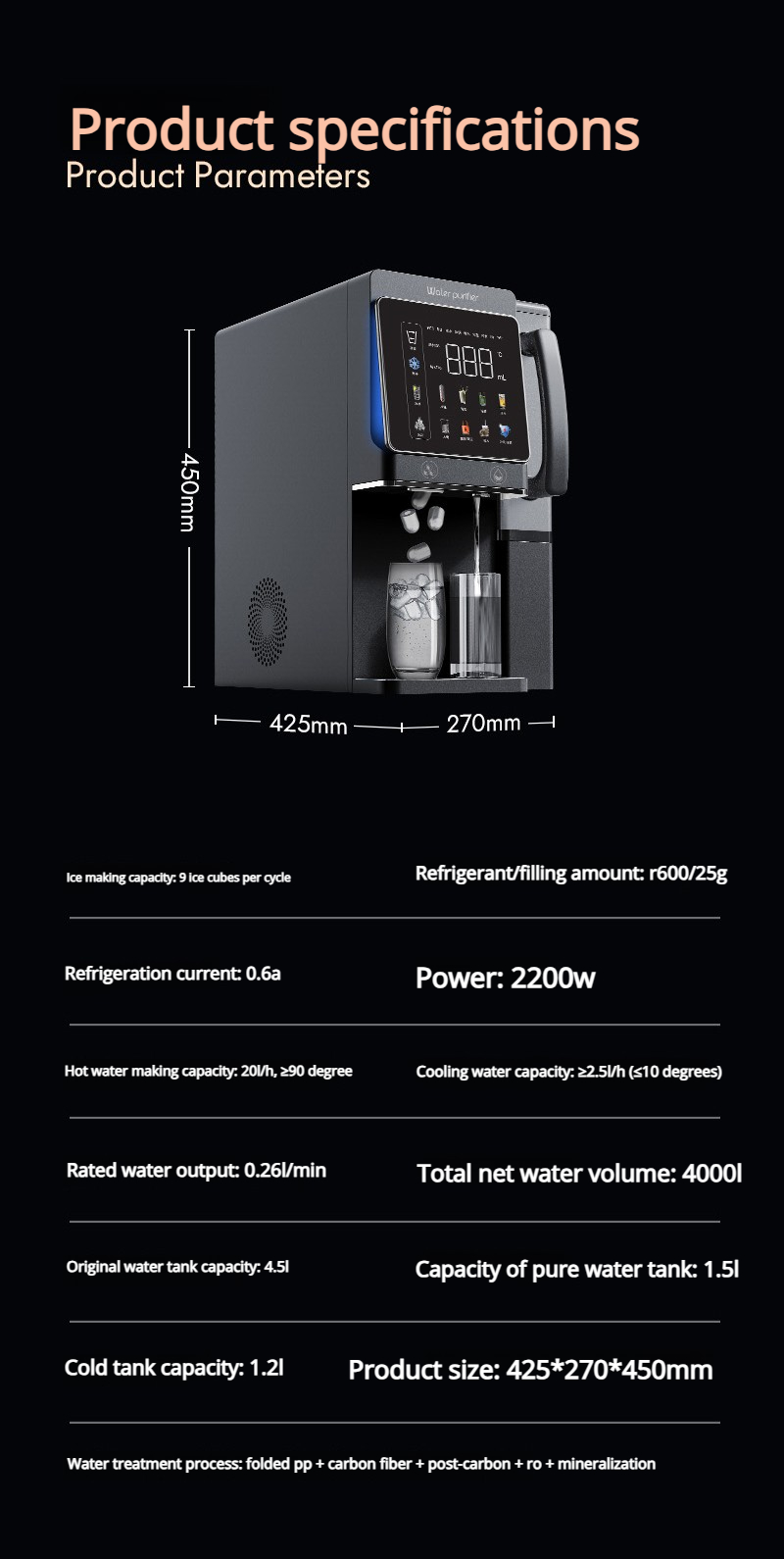 Tabletop 4-stage RO water purifier dispenser with 6 temperatures ice maker MTWP-T079
