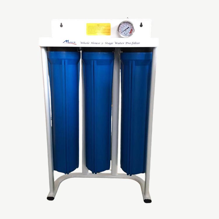 Whole house three stages pre-filter before water tank with iron frame and water pressure gauge MTWP-WHIIIF